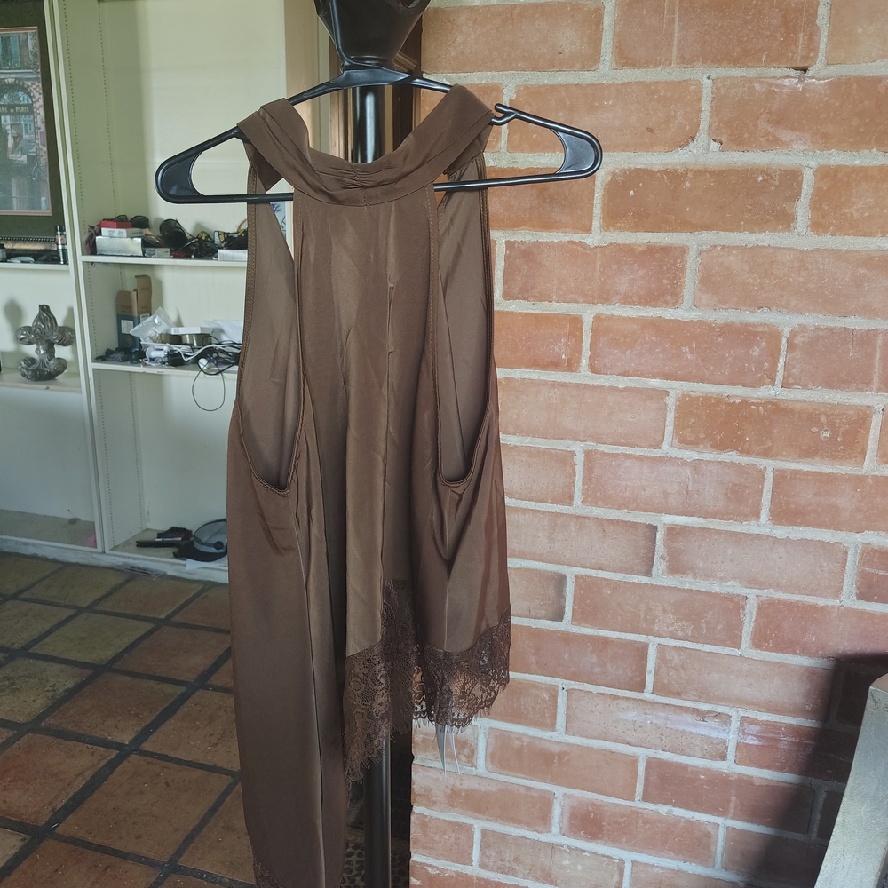 Brown Sleeveless Dress with Lace Hem
